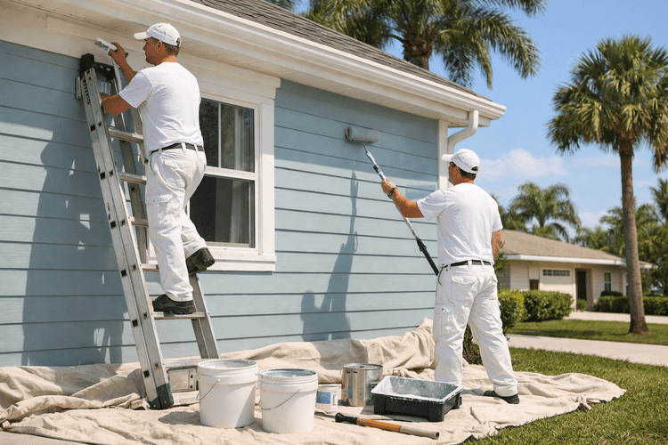 Florida painting crew working on exterior of residential home