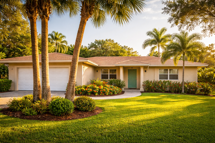 A 1970s single-story Florida home with stucco exterior, tile roof, palm trees, and tropical landscaping. Homes built in this era often need a 4-point inspection for homeowners insurance.