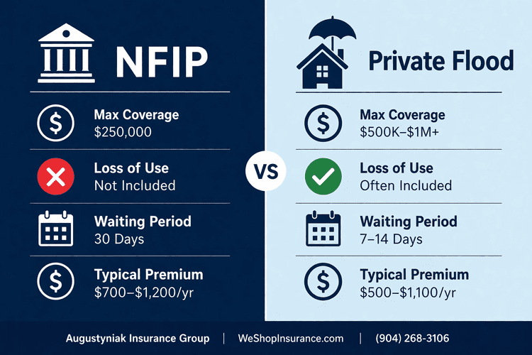 Infographic comparing NFIP vs private flood insurance showing max coverage, loss of use, waiting periods, and typical premiums for Jacksonville FL homeowners - Augustyniak Insurance Group