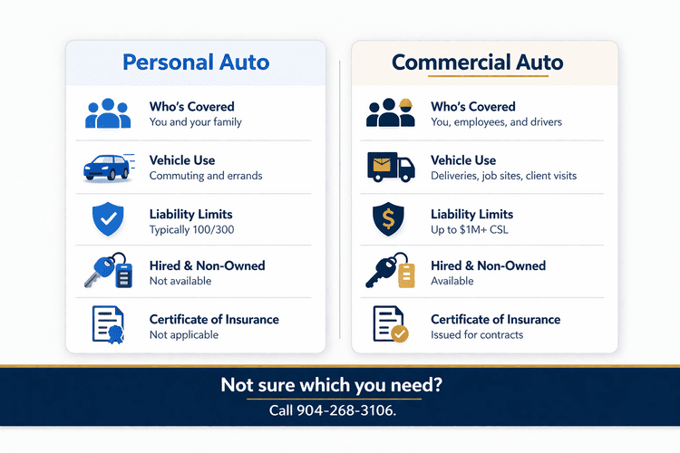 Infographic comparing personal auto insurance vs commercial auto insurance in Florida — differences in who is covered, vehicle use, liability limits, hired and non-owned coverage, and certificates of insurance