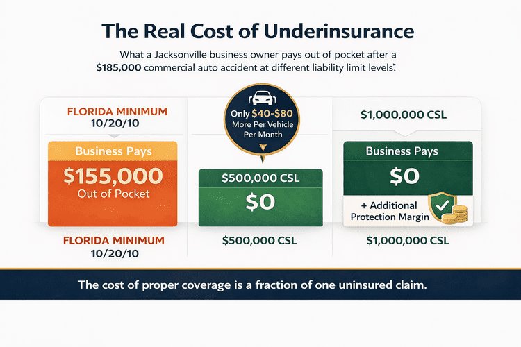 Infographic showing the real cost of underinsurance for Jacksonville businesses — a $185,000 commercial auto accident costs $155,000 out of pocket at Florida minimum limits, $0 at $500,000 CSL, and $0 with additional protection margin at $1,000,000 CSL — the cost difference is only $40 to $80 more per vehicle per month