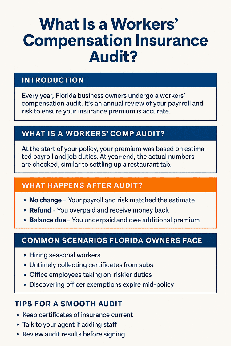 Florida Workers’ Comp Audit infographic showing steps, outcomes, and tips