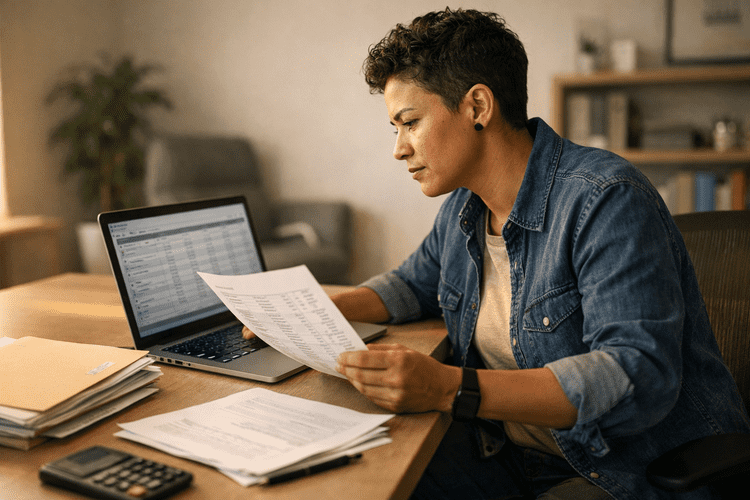 Business owner reviewing workers compensation audit paperwork at desk