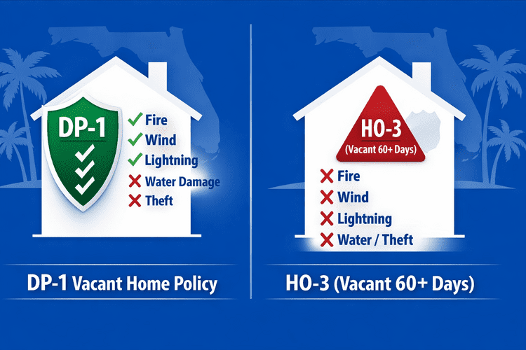 DP-1 vacant home policy coverage compared to standard homeowners insurance in Florida — named perils covered versus water damage and theft exclusions for vacant investment properties