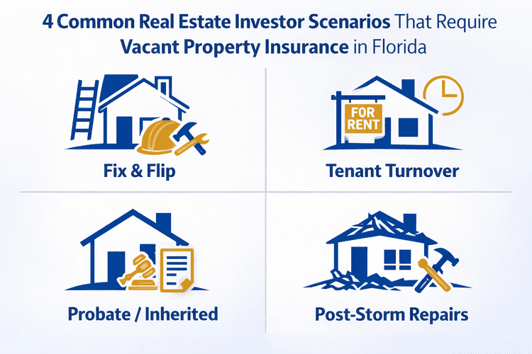 Four common Florida investor scenarios requiring DP-1 vacant property insurance — fix-and-flip renovation, tenant turnover gap, inherited property in probate, and post-storm repair delays