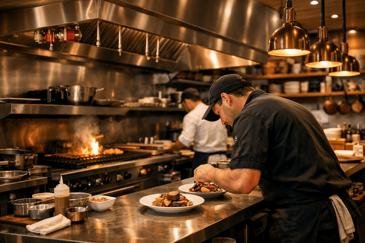 Florida restaurant kitchen with chef plating food under commercial hood suppression system