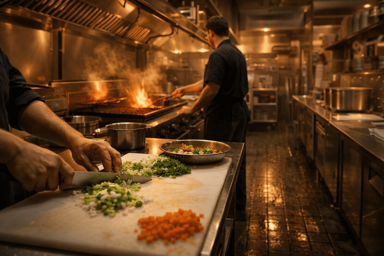 Florida restaurant kitchen workers demonstrating workplace injury risks covered by workers compensation insurance