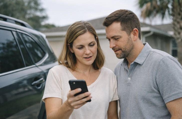Jacksonville couple comparing car insurance rates on a phone outside their home