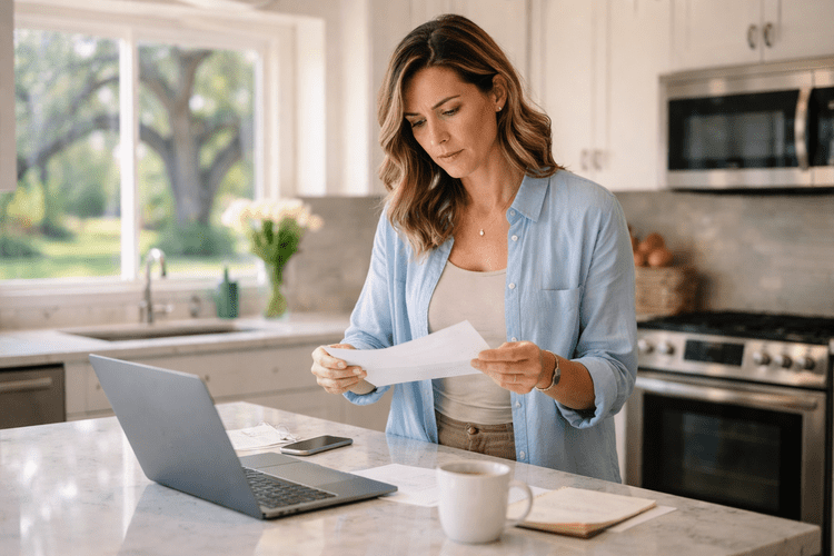 Jacksonville homeowner reviewing insurance renewal letter in her kitchen