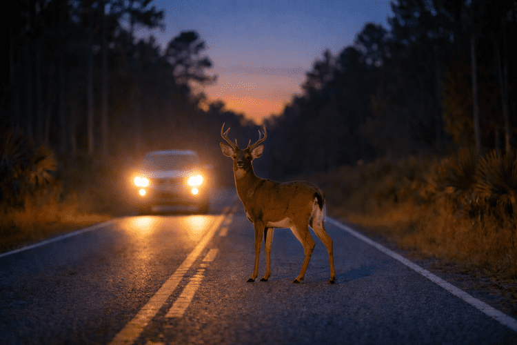White-tailed deer frozen in car headlights on a dark Florida pine-flatwoods road at dusk