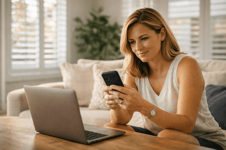 Jacksonville woman reading insurance agency reviews on laptop
