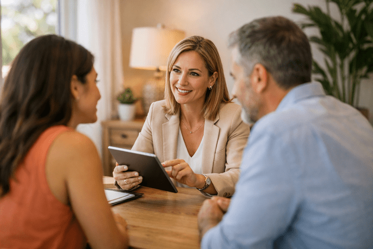 Insurance agent explaining coverage options to clients in Jacksonville office