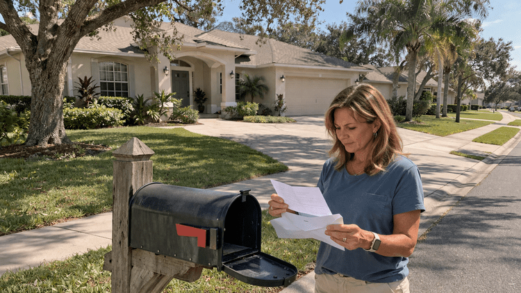 Jacksonville homeowners reviewing a non-renewal letter outside their home