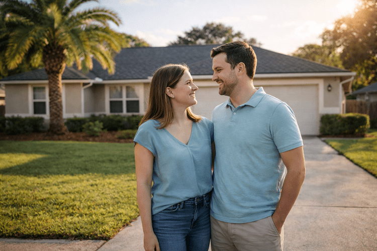 Florida homeowners standing in front of their Jacksonville home considering Nationwide home insurance options through Augustyniak Insurance Group